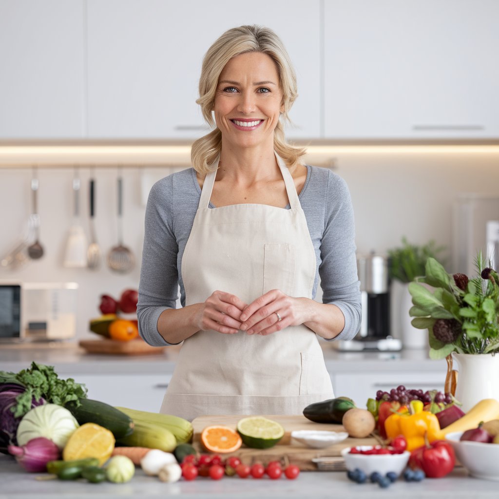 A smiling Chef Riley in her kitchen, standing behind a counter filled with fresh vegetables and fruits, ready to prepare a meal.